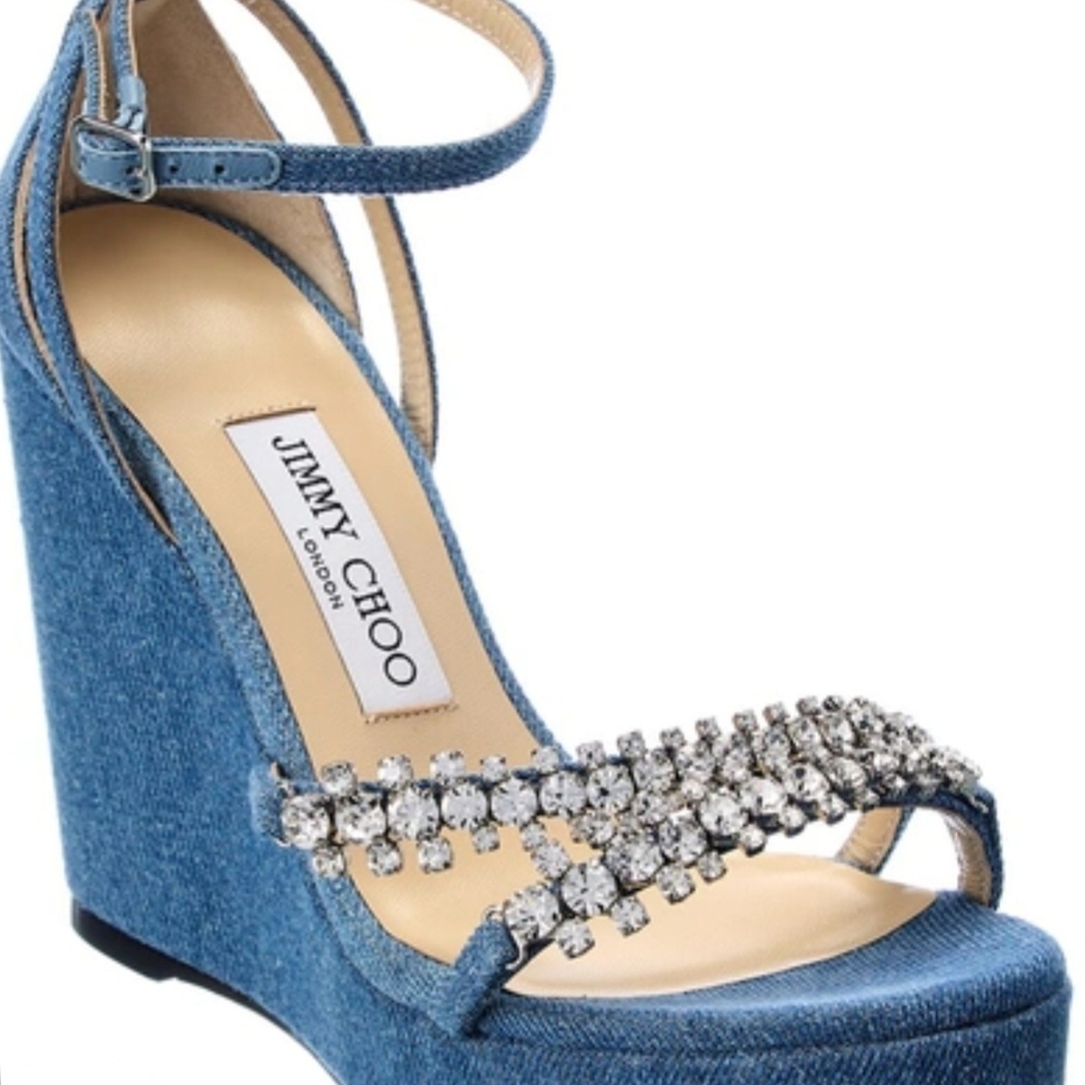 Jimmy Choo Bing 120mm Blue Denim Crystal Wedges